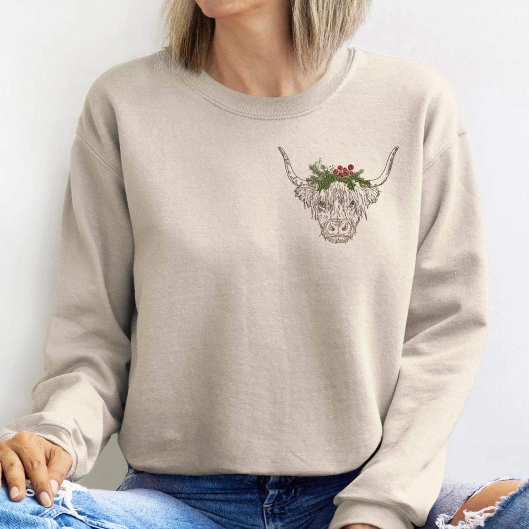 Christmas Highland Cow Embroidered Sweatshirt