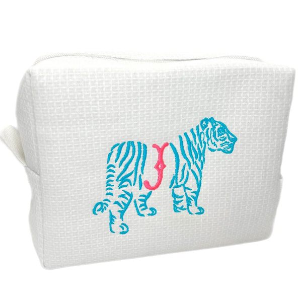 Tiger Embroidered Monogram Waffle Cosmetic Bag